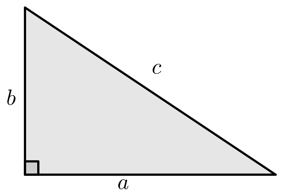 A right triangle with the hypotenuse labeled c and the two other side lengths labeled a and b.