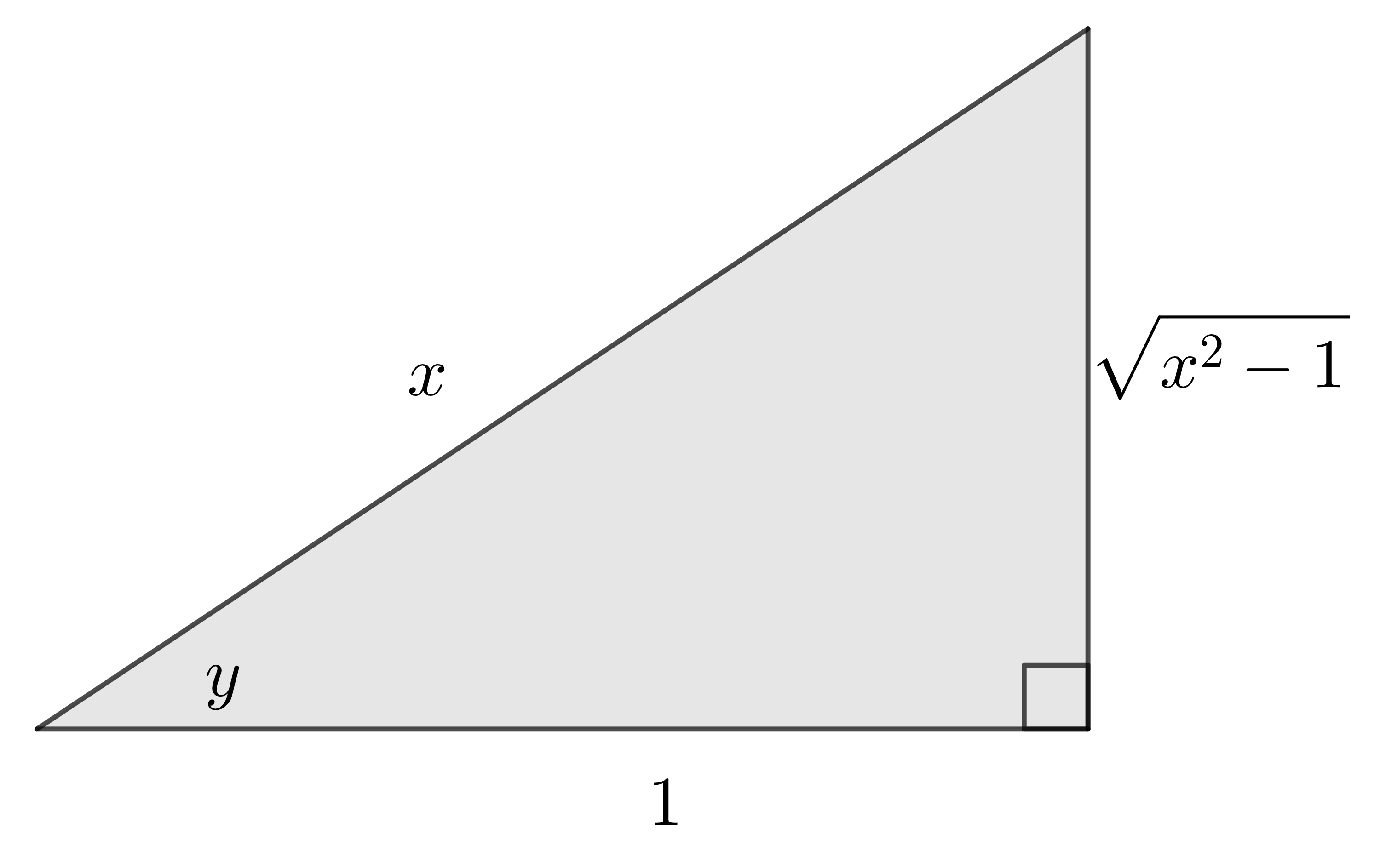 Right triangle with hypotenuse x and the other side lengths 1 and sqrt(x^2-1). The angle between 1 and x is labeled y.