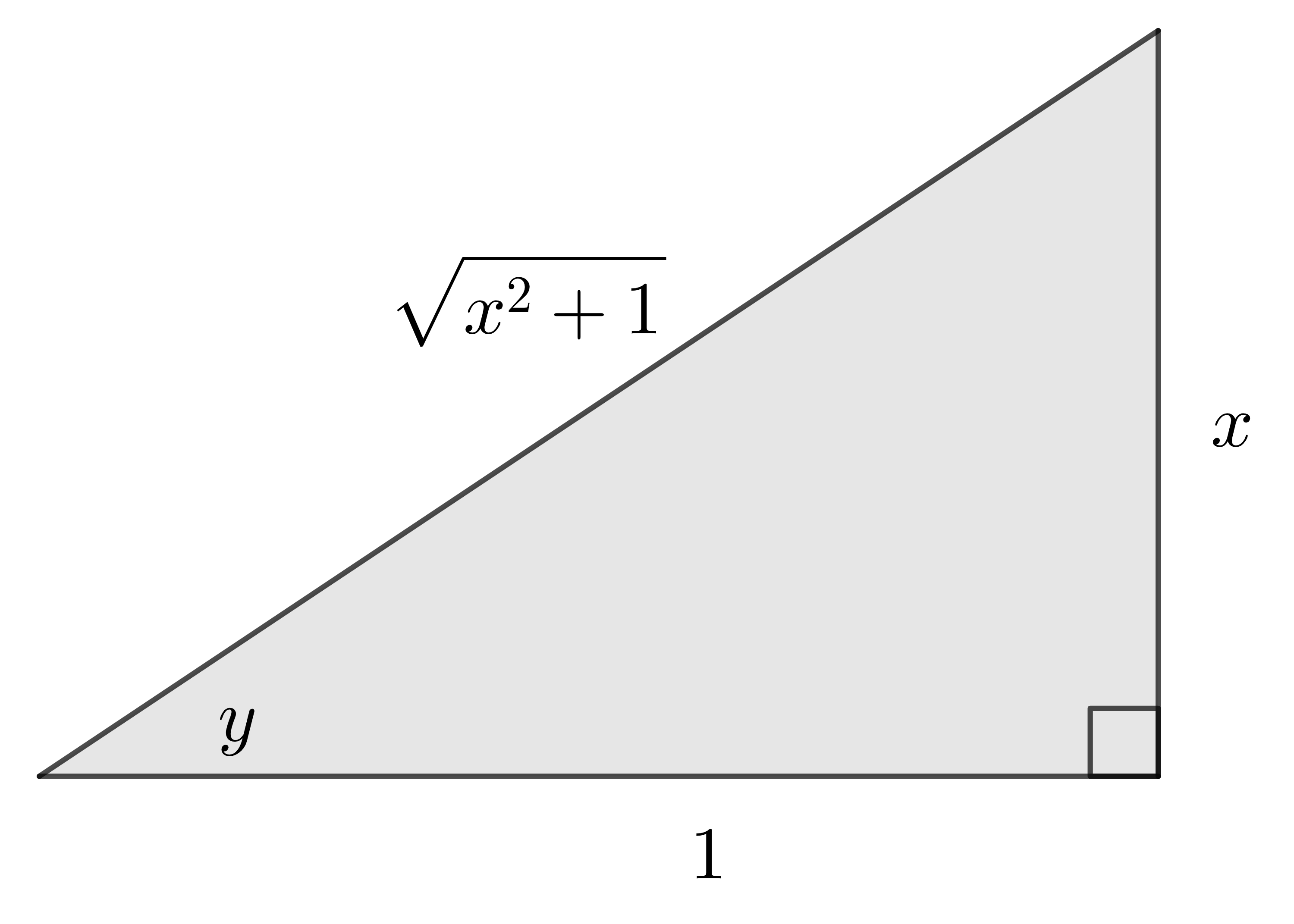 Right triangle with hypotenuse sqrt(x^2+1) and the other side lengths 1 and x. The angle between 1 and sqrt(x^2+1) is labeled y.