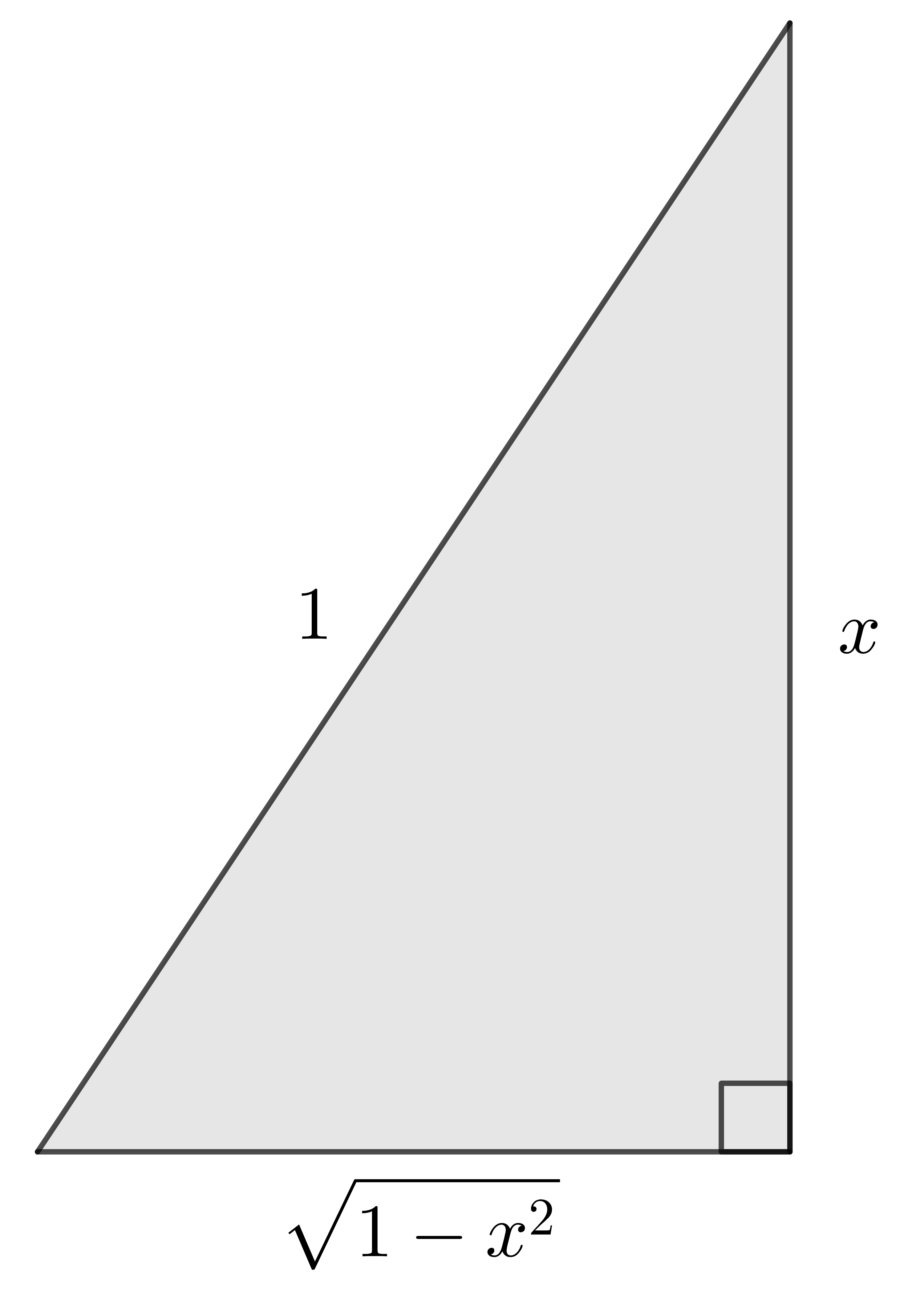 A right triangle with side lengths labeled x and sqrt(1-x^2) with the hypotenuse labeled 1.